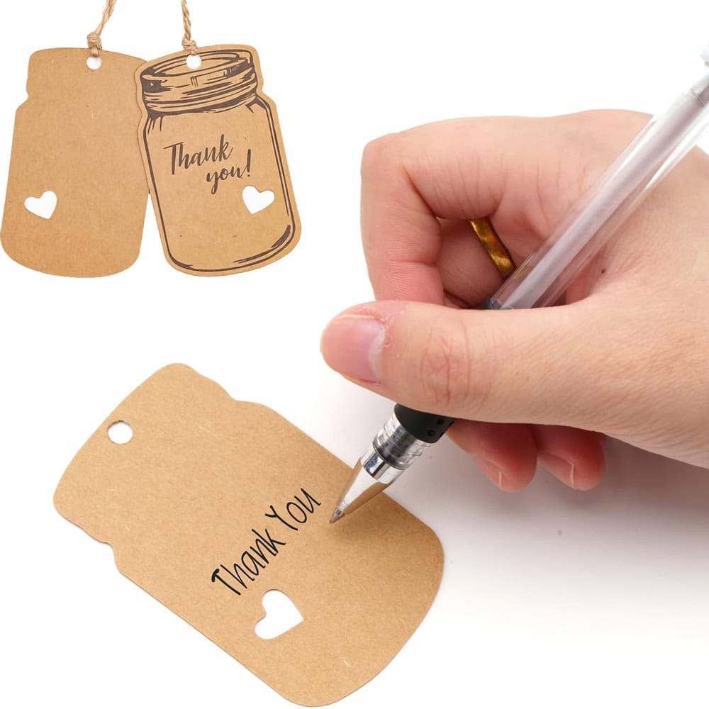 Etichete model borcan cu mesaj Thank you și sfoară iută - kraft (set 50 buc)