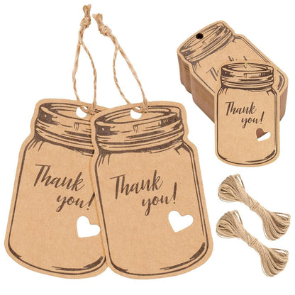 Etichete model borcan cu mesaj Thank you și sfoară iută - kraft (set 50 buc)
