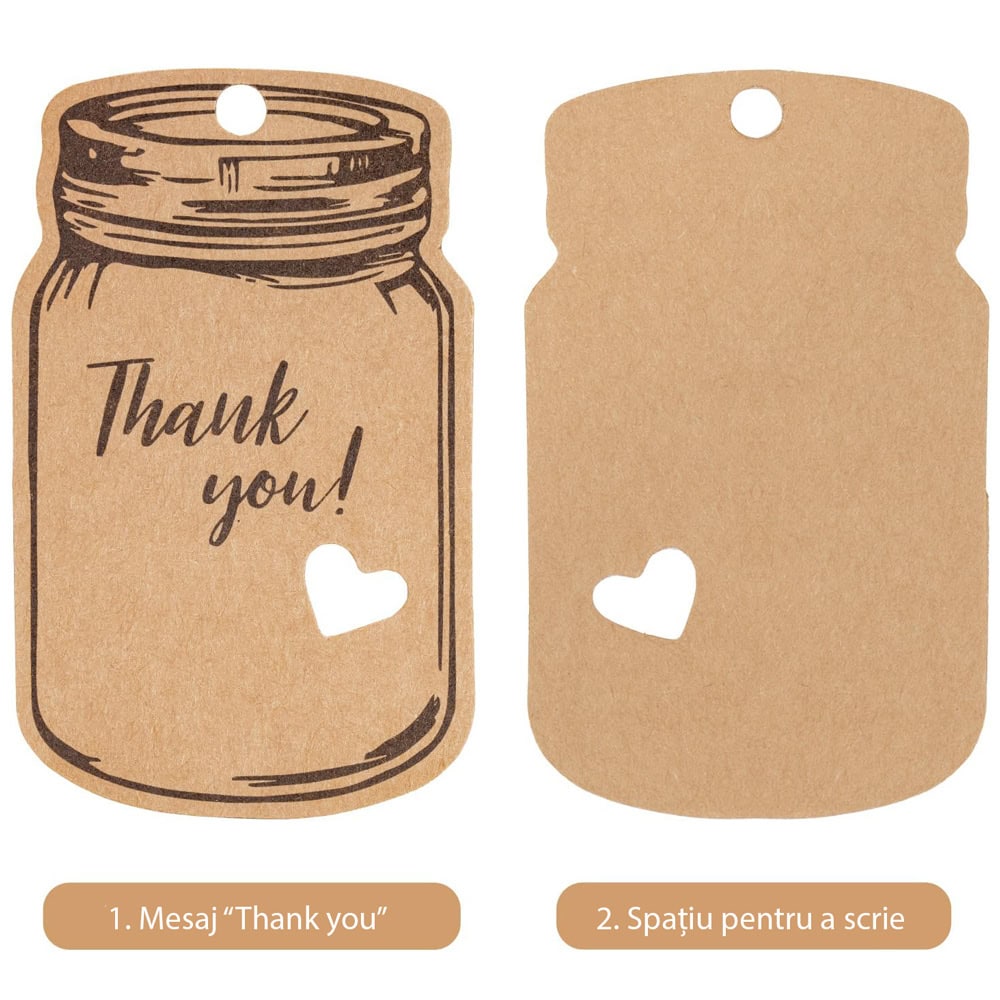 Etichete model borcan cu mesaj Thank you și sfoară iută - kraft (set 50 buc)