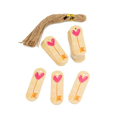 Etichete ovale cu sfoară model cheie inimă - roz (set 50 buc)