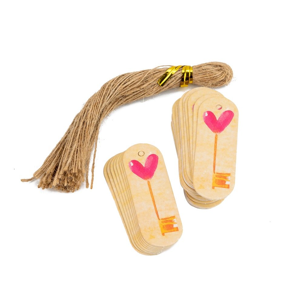 Etichete ovale cu sfoară model cheie inimă - roz (set 50 buc)