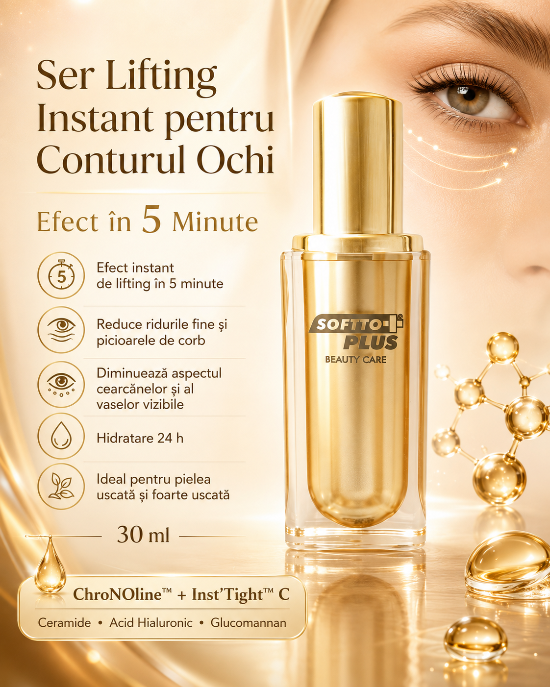 Ser Lifting Instant pentru Conturul Ochi, 30 ml – Efect în 5 Minute