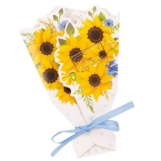 Felicitare hârtie cu panglică model buchet de flori - albastru (set 10 buc)