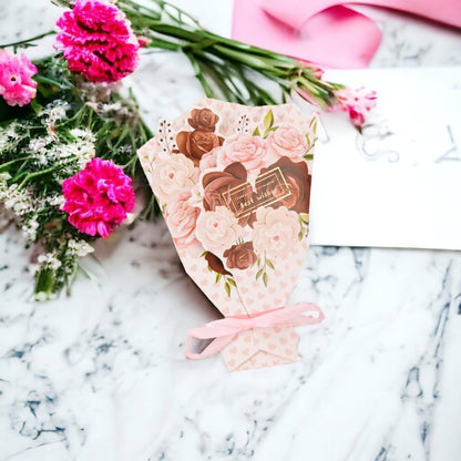 Felicitare hârtie cu panglică model buchet de flori - roz (set 10 buc)