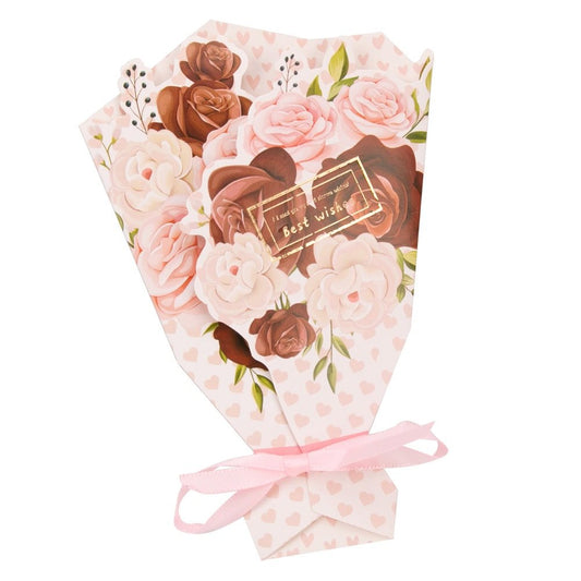 Felicitare hârtie cu panglică model buchet de flori - roz (set 10 buc)