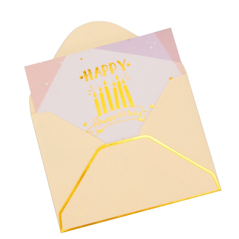Felicitări hârtie cu mesaj auriu Happy Birthday - model lumânări (set 6 buc)