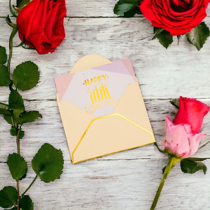 Felicitări hârtie cu mesaj auriu Happy Birthday - model lumânări (set 6 buc)