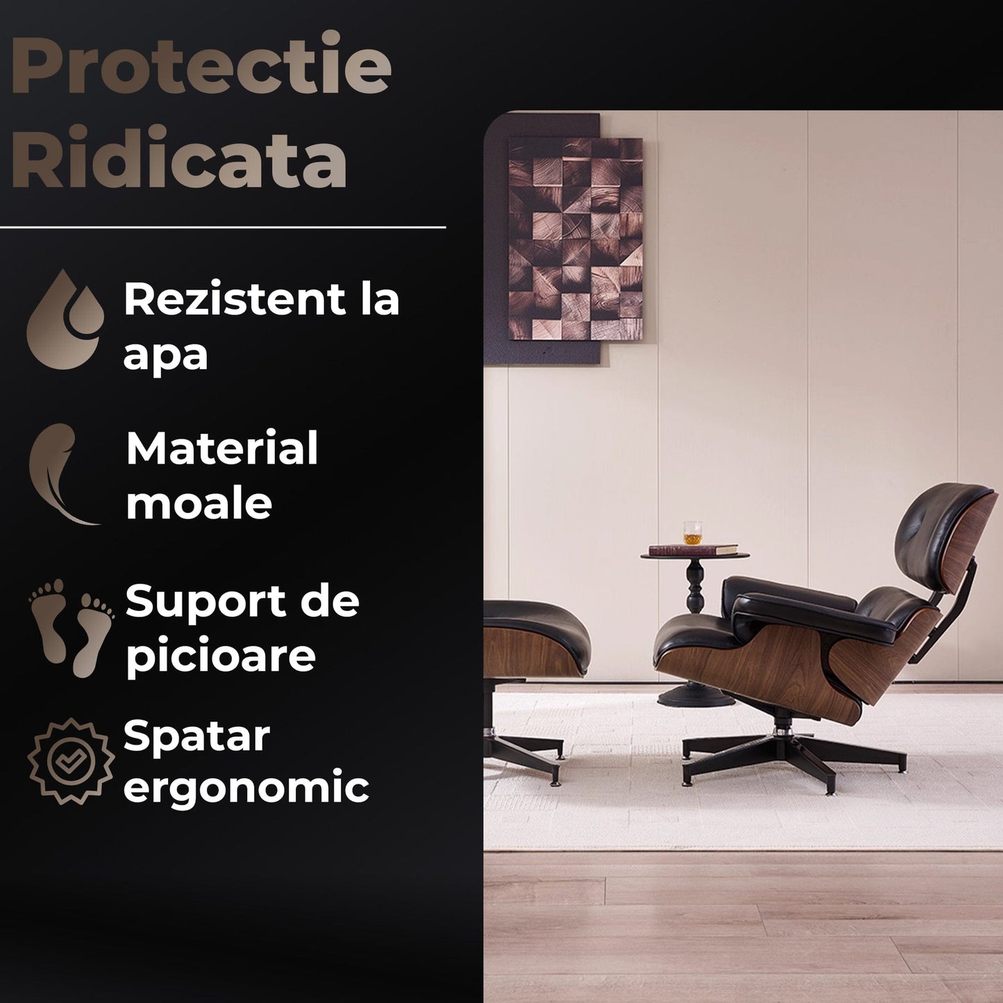 Fotoliu premium din piele, structura rezistenta din aluminiu, Negru