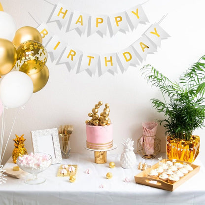 Ghirlandă hârtie cu litere pentru petrecere cu mesaj Happy Birthday - alb