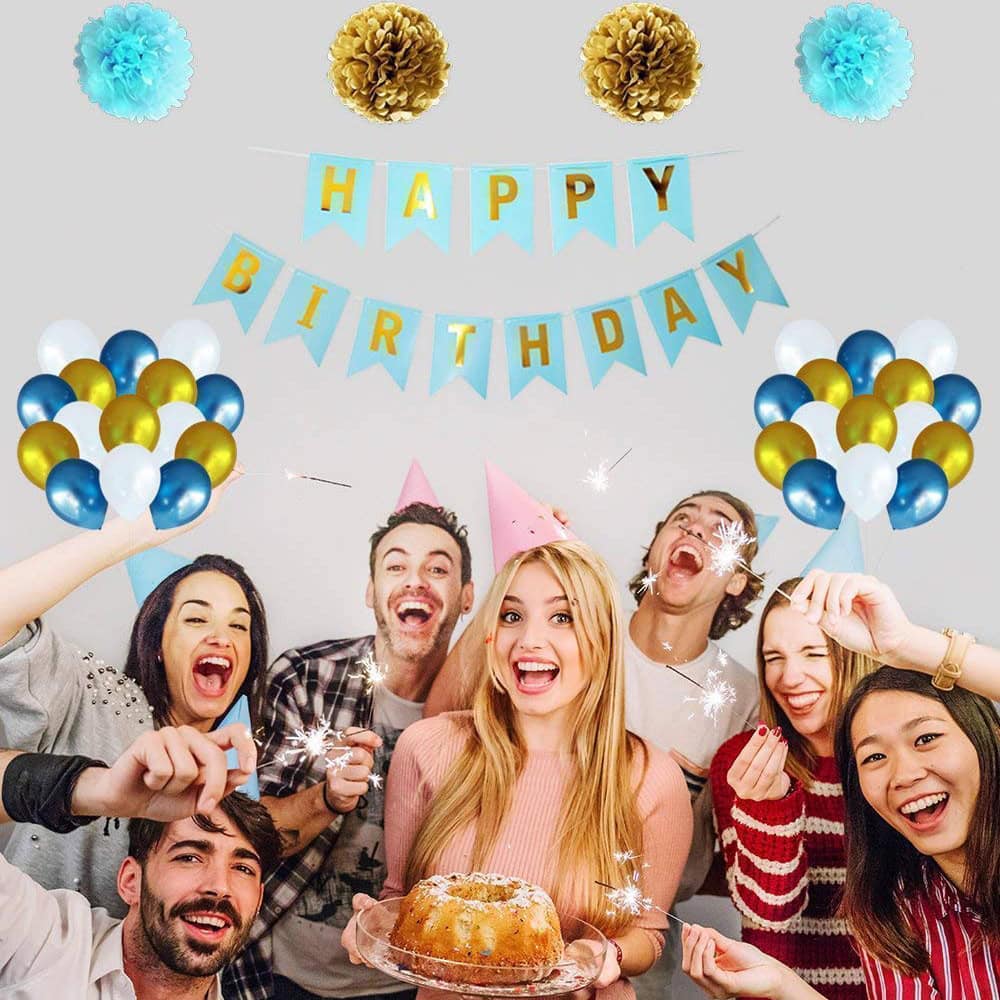 Ghirlandă hârtie cu litere pentru petrecere cu mesaj Happy Birthday - bleu