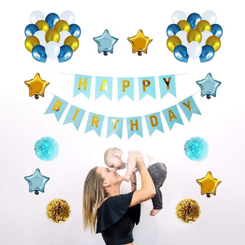 Ghirlandă hârtie cu litere pentru petrecere cu mesaj Happy Birthday - bleu