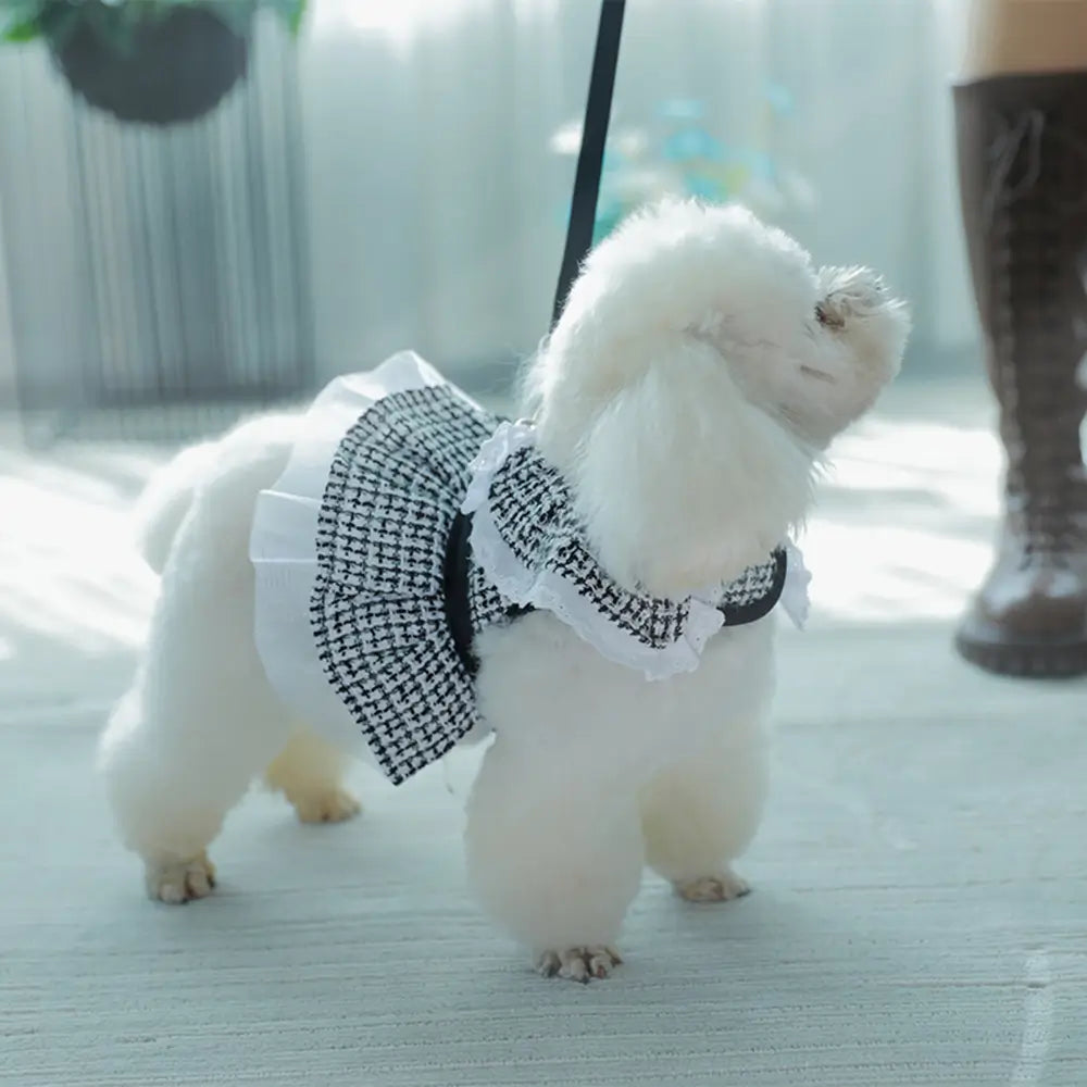 Haină fustă, cu suport lesă, pentru câini, neagră