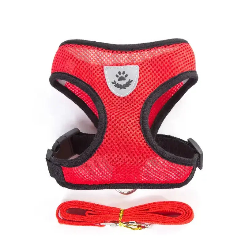 Set ham mesh respirabil pentru căței + lesă 1.5m, ajustare rapidă, roșu