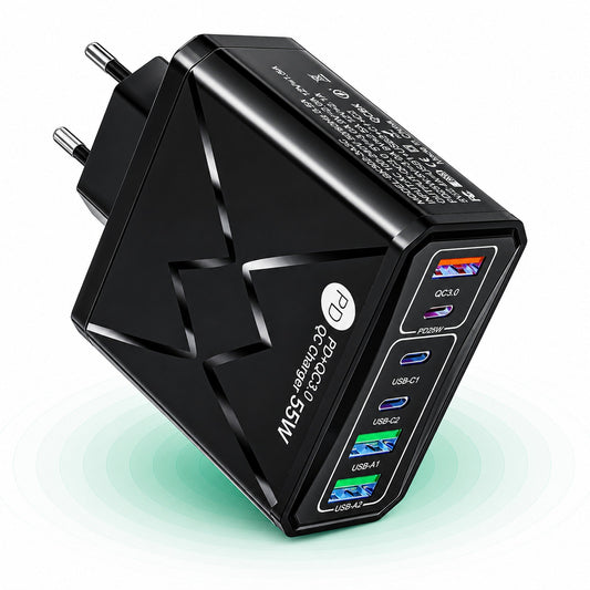 Incarcator Retea Timebox, 6 Porturi, 55W, 3 x Type-C, 2 x USB, 1 x Q, C 3, Negru