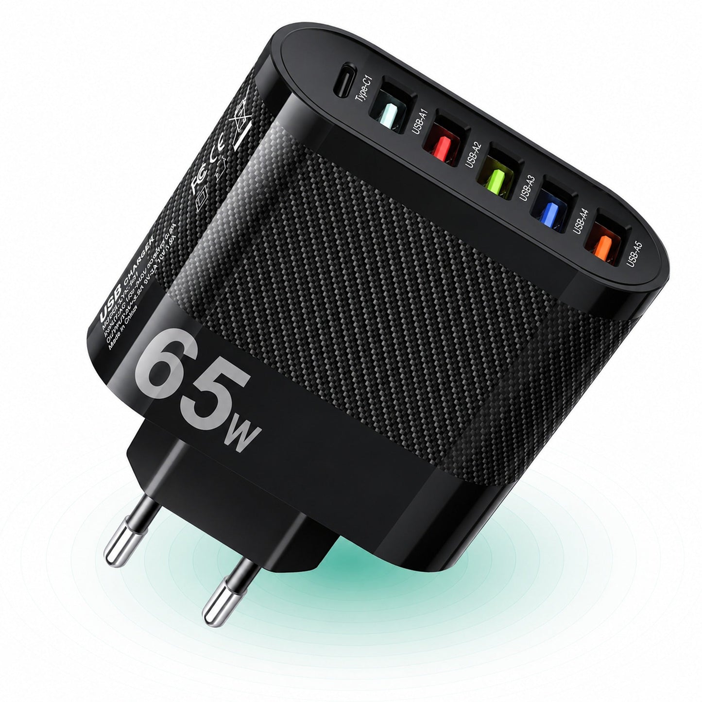 Incarcator Retea Timebox, 6 Porturi, 65W, 1 x Type-C, 5 x USB, Negru