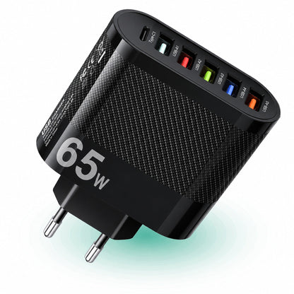 Incarcator Retea Timebox, 6 Porturi, 65W, 1 x Type-C, 5 x USB, Negru