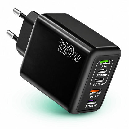 Incarcator Retea Timebox, 5 Porturi, 120W, 3 x Type-C, 2 x USB, Negru