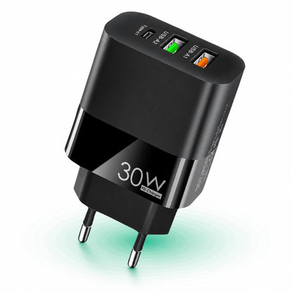 Incarcator Retea Timebox, 3 Porturi, 30W, 1 x Type-C, 2 x USB, LED, Negru