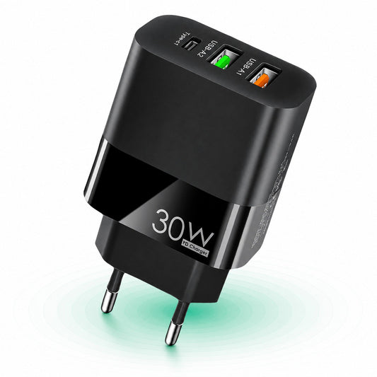Incarcator Retea Timebox, 3 Porturi, 30W, 1 x Type-C, 2 x USB, LED, Negru