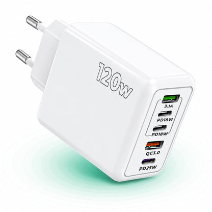 Incarcator Retea Timebox, 5 Porturi, 120W, 3 x Type-C, 2 x USB, Alb