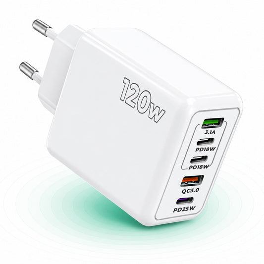 Incarcator Retea Timebox, 5 Porturi, 120W, 3 x Type-C, 2 x USB, Alb