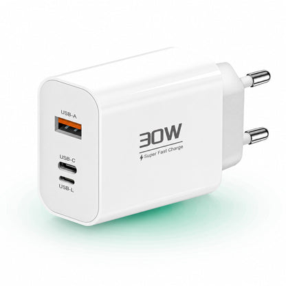 Incarcator Retea Timebox, 3 Porturi, 30W, 1 x Type-C, 1 x USB, Alb