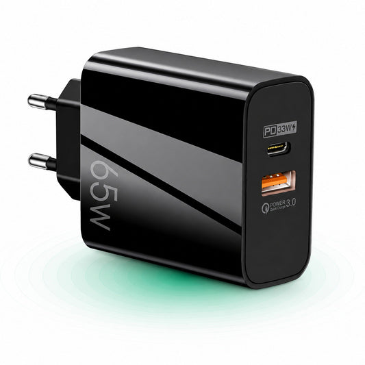 Incarcator Retea, 2 Porturi, 65W, 1 x USB, 1 x Type-C, Negru