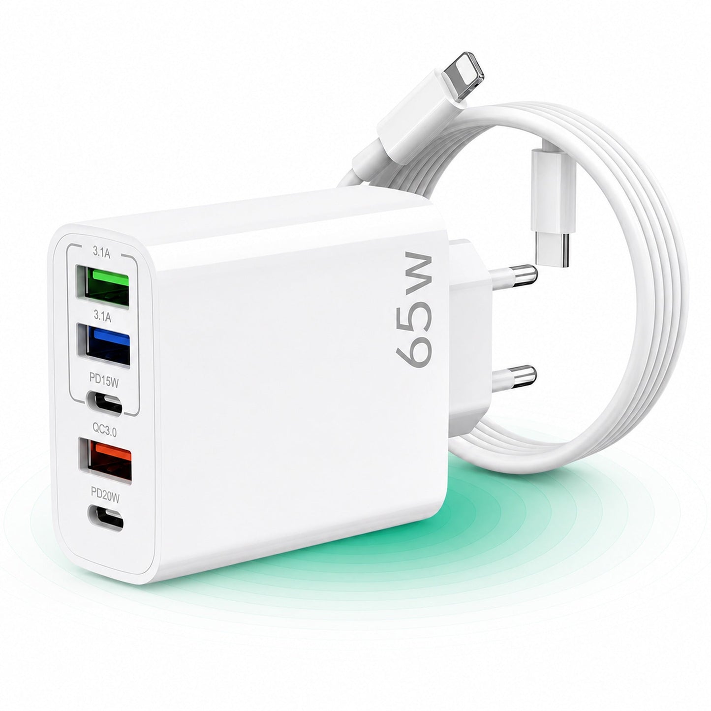 Incarcator Retea, Lightning la USB-C, 65W, 5 Porturi, 3 x USB, 2 x Type-C, Alb
