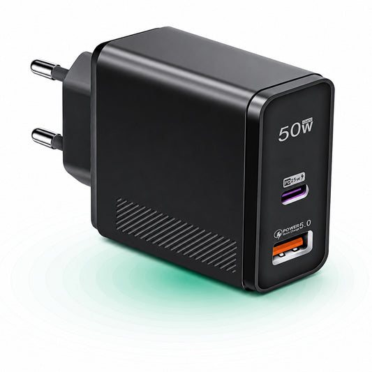 Incarcator Retea Timebox, 2 Porturi, 50W, 1 x Type-C, 1 x USB, Negru