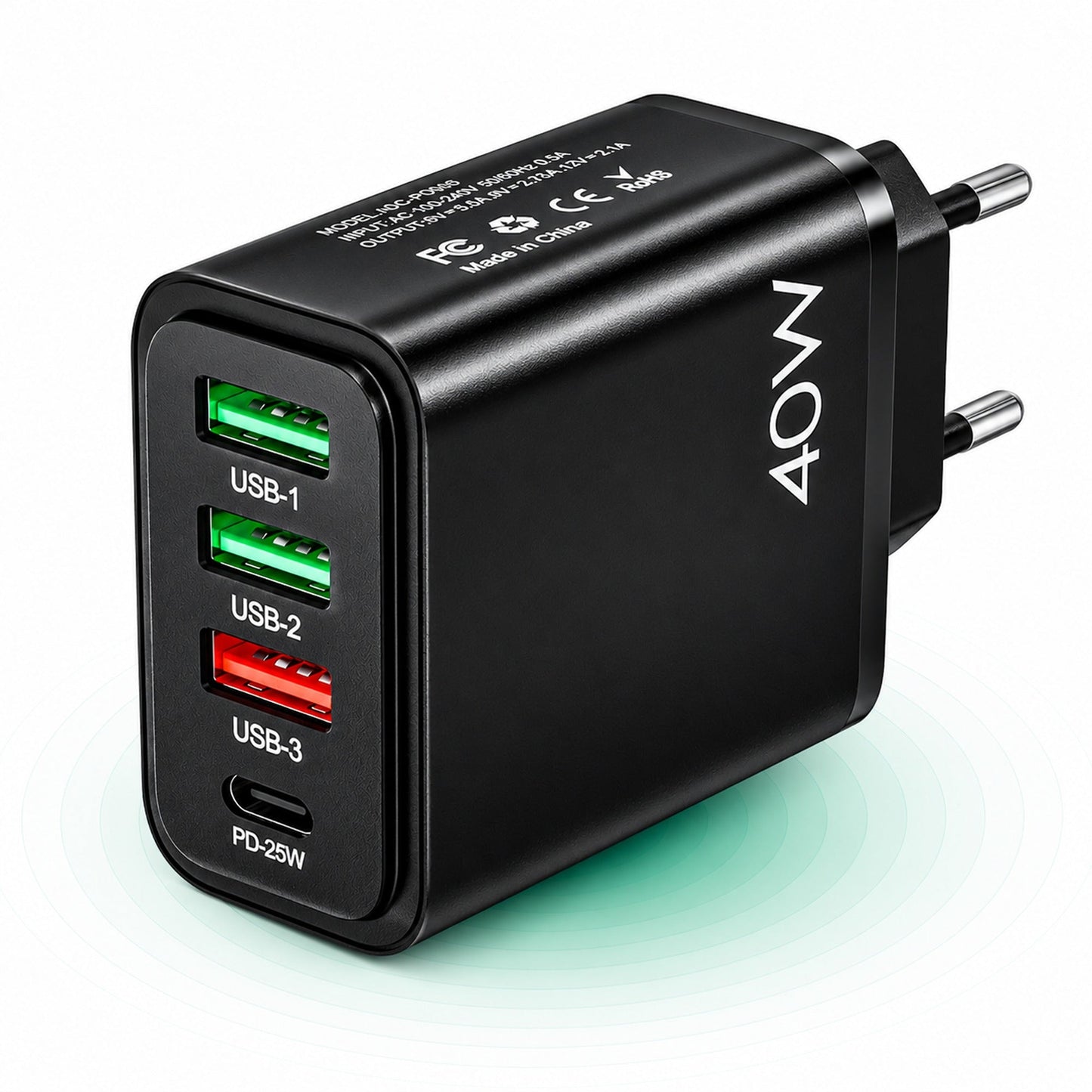 Incarcator Retea Timebox, 4 Porturi, 40W, 1 x Type-C, 3 x USB, Negru