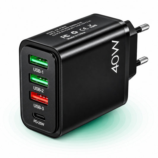 Incarcator Retea Timebox, 4 Porturi, 40W, 1 x Type-C, 3 x USB, Negru
