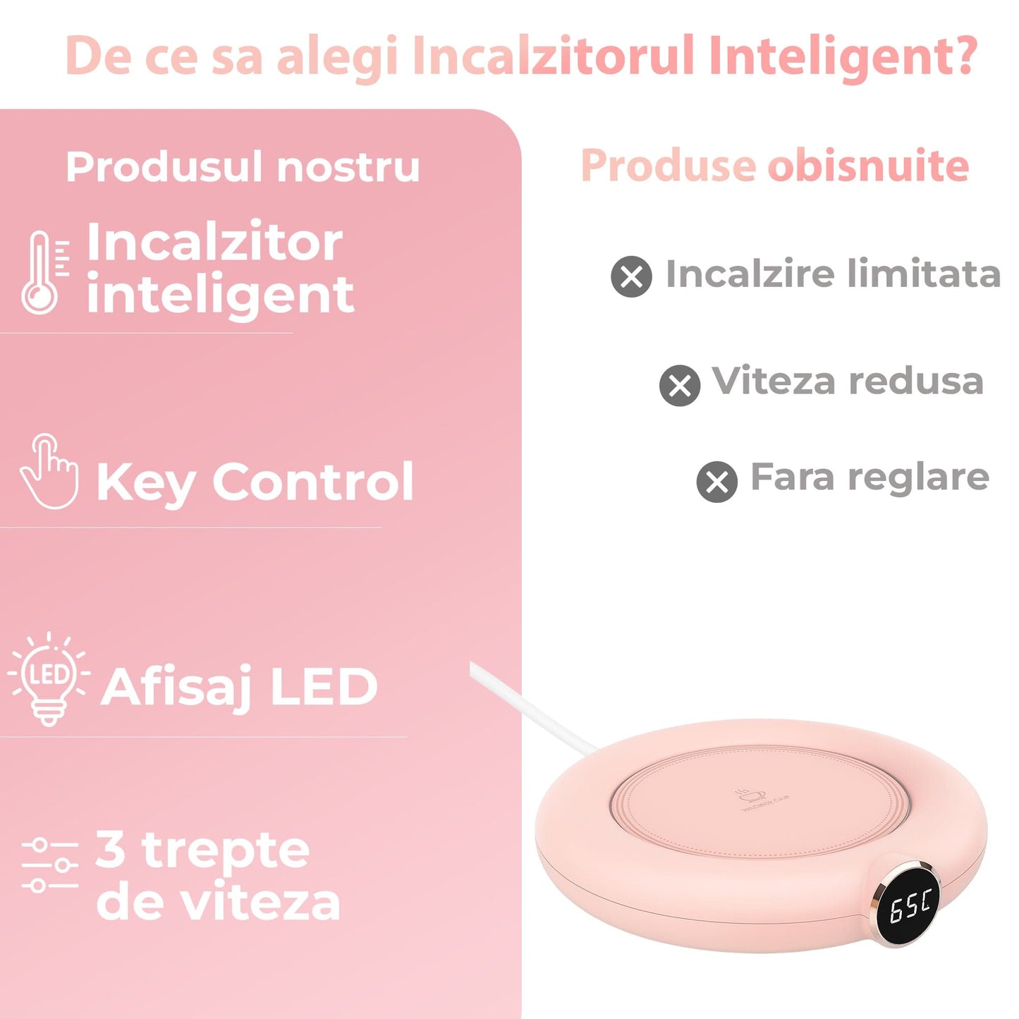 Incalzitor inteligent pentru cana Timebox, cu USB, pana la 75°C, 3 trepte, Roz