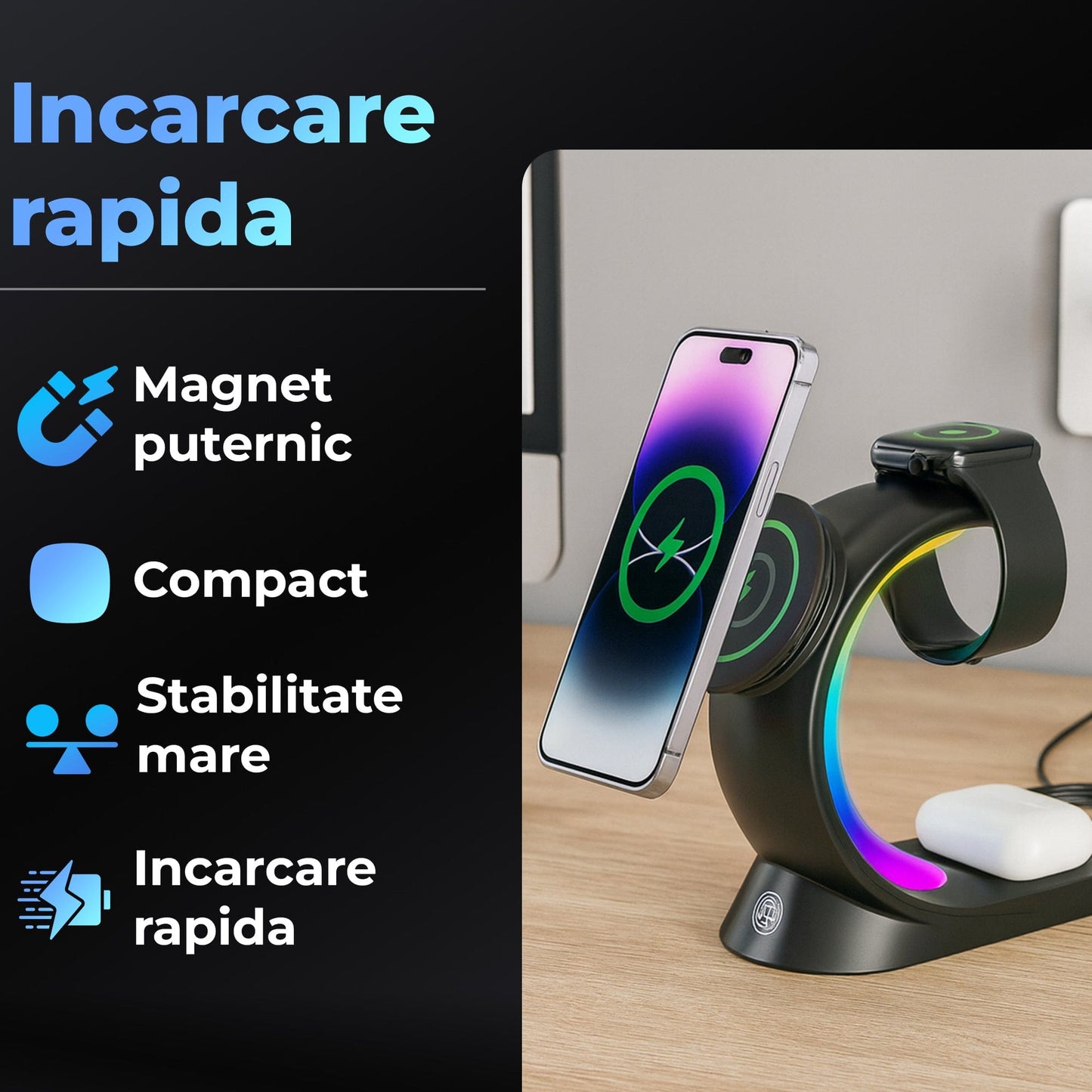 Incarcator Wireless Timebox, 15W, 3 In 1, Magsafe, Android, Samsung, Airpods