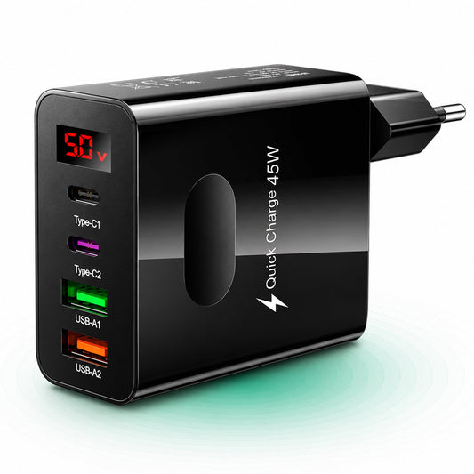 Incarcator Retea Timebox, 4 Porturi, 45W, 2 x Type-C, 2 x USB, Negru