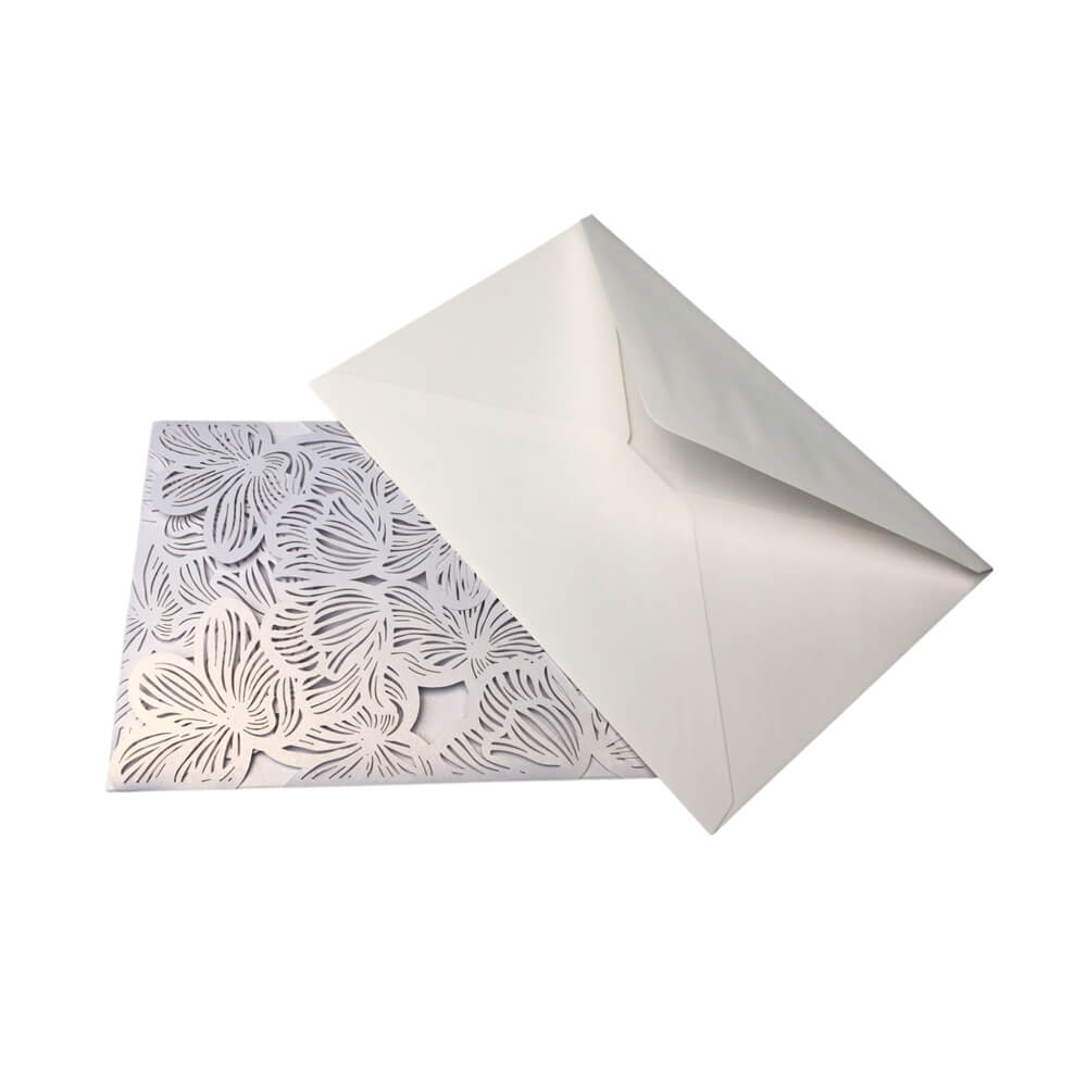 Invitație din hârtie pentru evenimente model floral 18x12,5cm - alb (set 10 buc)