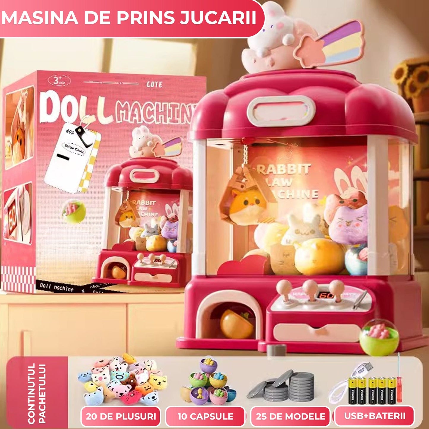 Masina de prins jucarii pentru acasa, Cronometru cu fise, Roz