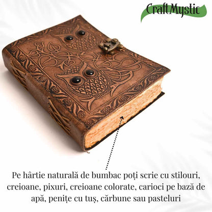 Jurnal piele naturala cu bufnite si obsidian - Intelepciune si protectie