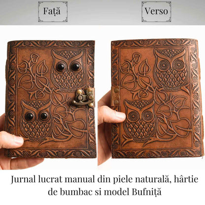 Jurnal piele naturala cu bufnite si obsidian - Intelepciune si protectie