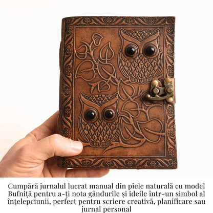 Jurnal piele naturala cu bufnite si obsidian - Intelepciune si protectie