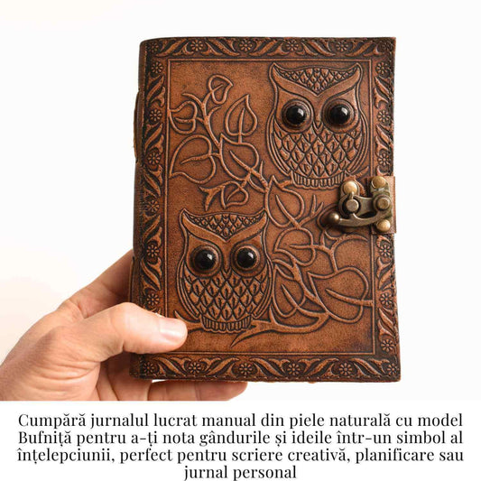 Jurnal piele naturala cu bufnite si obsidian - Intelepciune si protectie