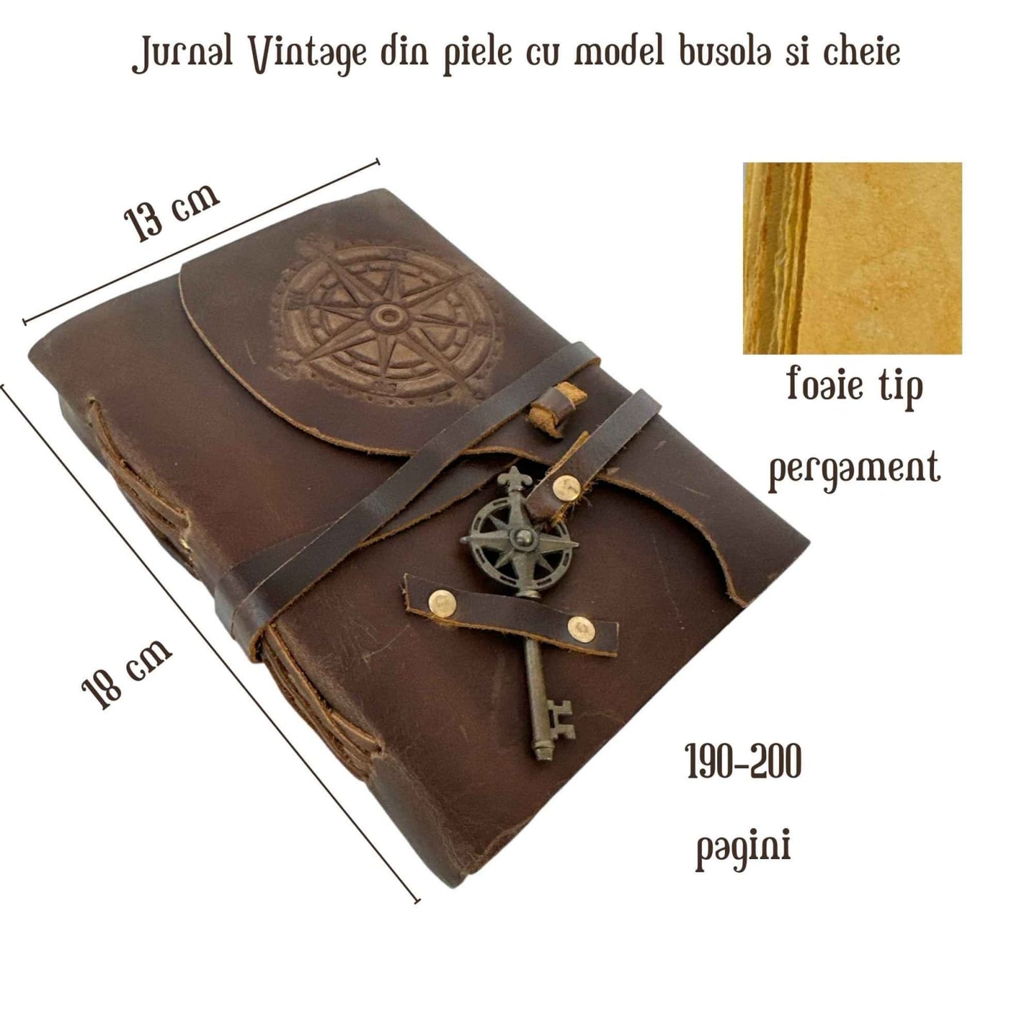 Jurnal vintage cu Busolă - piele, hârtie cu margine neregulată, schițe și desene