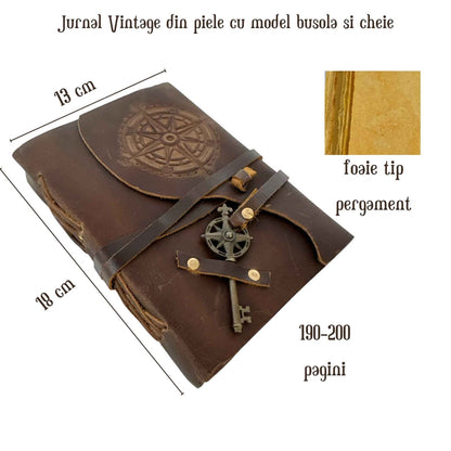 Jurnal vintage cu Busolă - piele, hârtie cu margine neregulată, schițe și desene