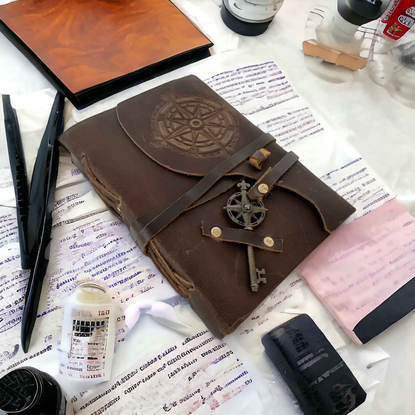Jurnal vintage cu Busolă - piele, hârtie cu margine neregulată, schițe și desene