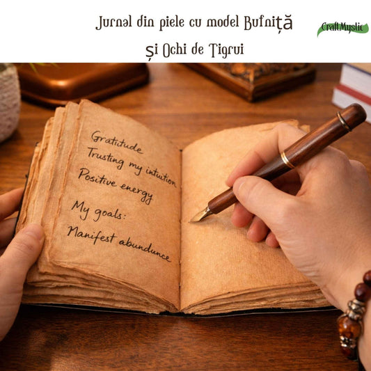 Jurnal din piele naturala model Bufnita si Ochi de Tigru 17x13 cm - Intelepciune si Claritate Interioara