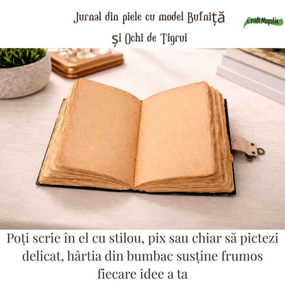 Jurnal din piele naturala model Bufnita si Ochi de Tigru 17x13 cm - Intelepciune si Claritate Interioara