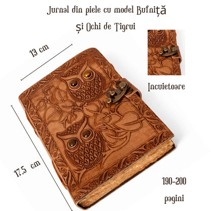 Jurnal din piele naturala model Bufnita si Ochi de Tigru 17x13 cm - Intelepciune si Claritate Interioara