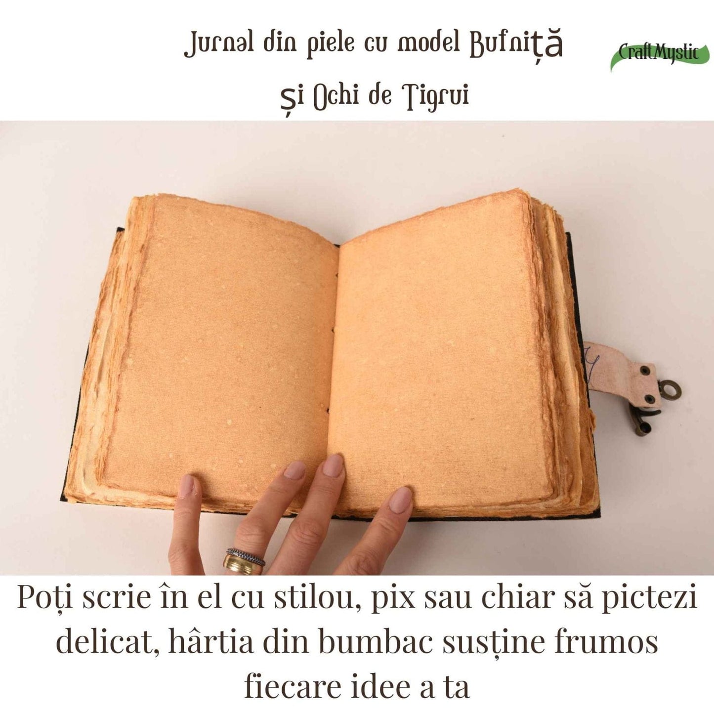 Jurnal din piele naturala model Bufnita si Ochi de Tigru 17x13 cm - Intelepciune si Claritate Interioara