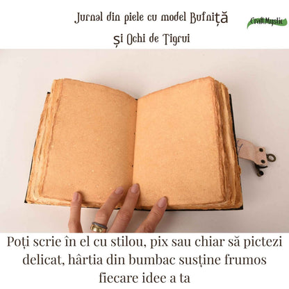 Jurnal din piele naturala model Bufnita si Ochi de Tigru 17x13 cm - Intelepciune si Claritate Interioara