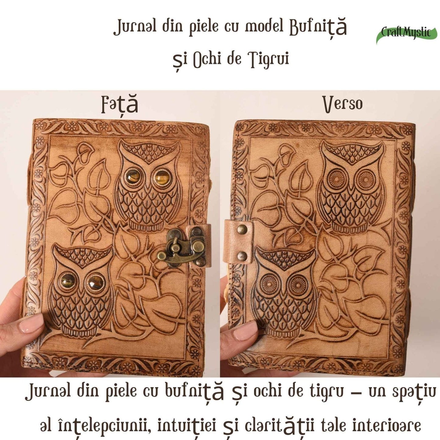 Jurnal din piele naturala model Bufnita si Ochi de Tigru 17x13 cm - Intelepciune si Claritate Interioara