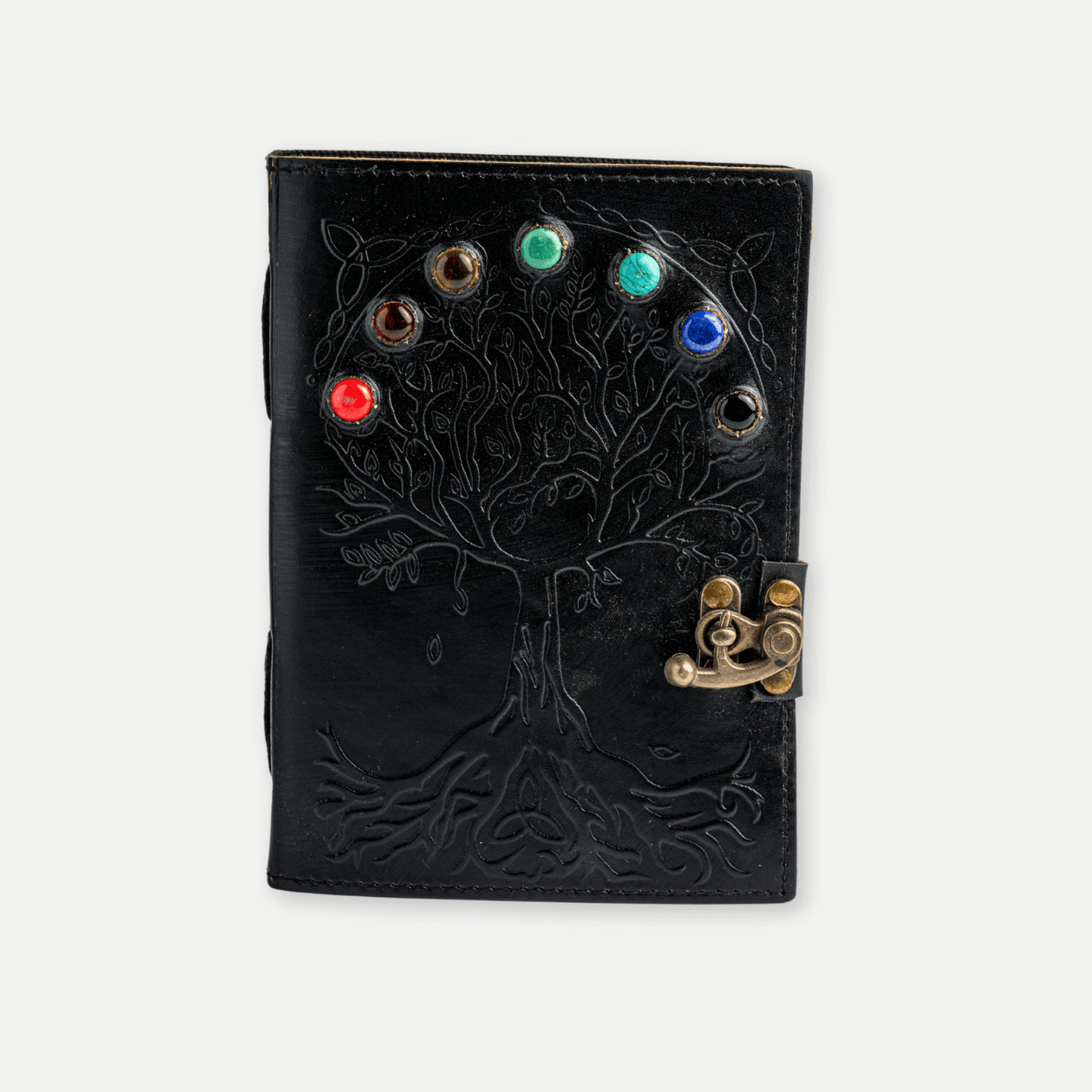 Jurnal Vintage Negru cu Arborele Vietii si 7 Pietre Chakre - Handmade, Piele Naturala